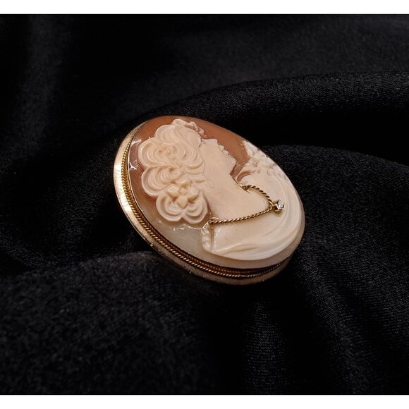 Rare Find Vintage 14K Gold Italian Cameo Brooch/Pendant With Genuine Diamond - Picture 2 of 5